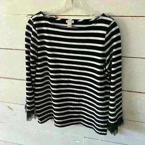 J. Crew pullover women’s top, small, tulle sleeves black and white striped, EUC